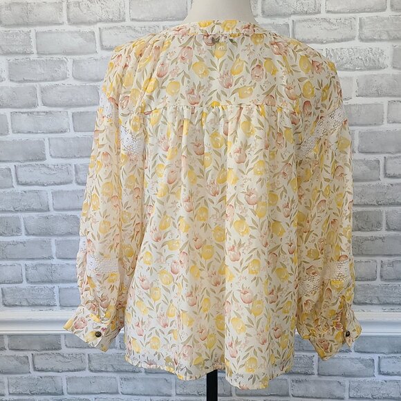 FATE Yellow Floral Balloon Long Sleeve Blouse Lace Inset Cottage Feminine Small - Picture 4 of 9